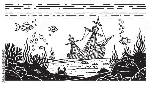 Black and White Illustration of a Sunken Ship with Marine Life