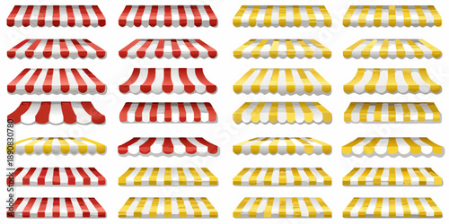 Repeating pattern of colorful striped awnings in red and yellow hues