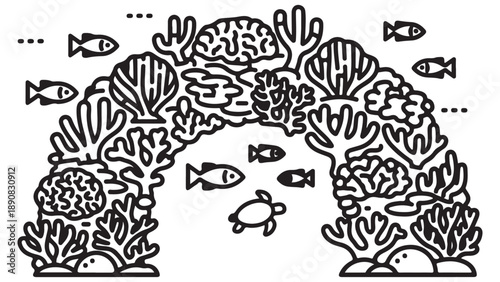 Abstract Line Art Coral Reef Arch with Fish and Turtle