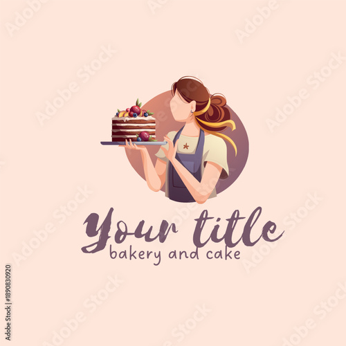 Charming bakery logo with a woman holding a chocolate cake adorned with fresh berries