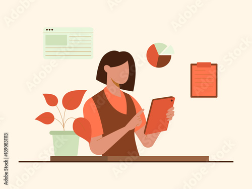 Businesswoman or accountant working at a desk with data, reports, and financial documents. Solopreneur illustration. Flat vector concept.
