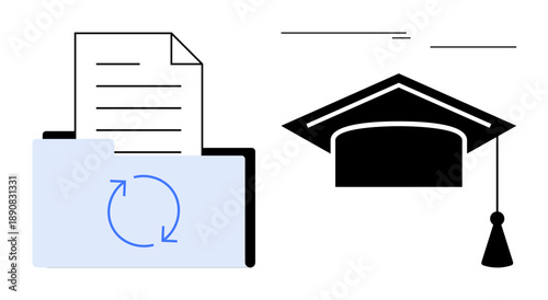Open folder with updating document and mortarboard hat symbolizing education, learning, knowledge. Ideal for academic planning, file sharing, data storage, study progress, digital records