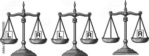 Vector illustration of three balance scales comparing left and right pan weights to show heavier, lighter, and equal