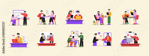 Set of 10 internship illustrations. Flat vector concepts.