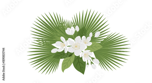 Delicate white jasmine flowers are surrounded by lush green palm leaves to create a tropical floral arrangement.
