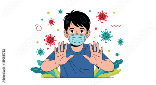 Young boy wearing a surgical face mask holds up his hands to signal a stop to the spread of viruses and germs.