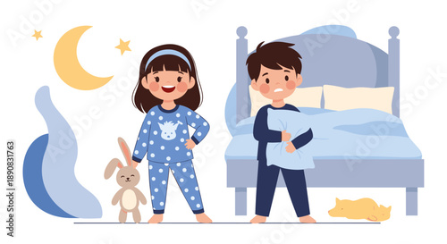 Two children in blue polka dot pajamas stand in their bedroom at night ready for sleep with a teddy bear nearby.