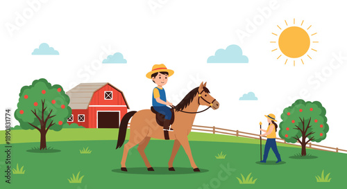 Young boy wearing a straw hat rides a brown horse through a green farm pasture with a red barn in the distance.