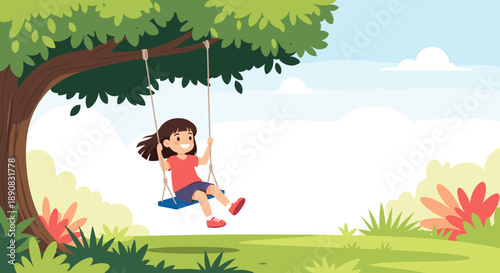 Smiling young girl with long brown hair enjoys swinging on a wooden swing hanging from a large tree in the park.