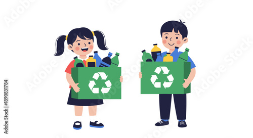 Two children a boy and a girl are holding green recycling bins filled with glass bottles to promote eco habits.