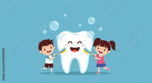 Happy boy and girl use toothbrushes to clean a giant smiling tooth with bubbles on a cheerful light blue background.