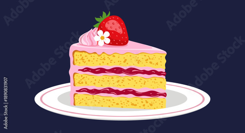 Delicious slice of yellow layer cake with pink frosting and strawberry jam is topped with a fresh berry and cream.