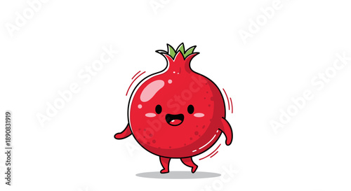 Cute cartoon pomegranate character with a happy face is walking and waving its hand on a simple white background.