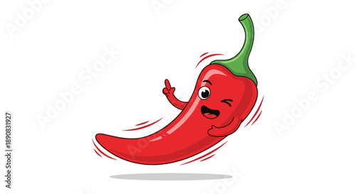 Happy cartoon red chili pepper character is winking and gesturing with its hand on a clean white background.