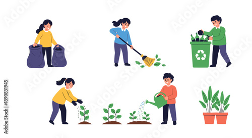 Set of children are shown engaging in environmental protection activities like recycling planting trees and cleaning.