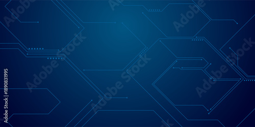 Circuit board. Abstract technology background with text. Tech bg in electric blue. Big data and AI chip concept.  Digital banner in navy blue. Futuristic computer pattern. Vector illustration top view
