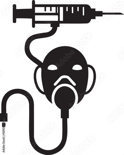 Black silhouette of gas mask connected to syringe illustration.