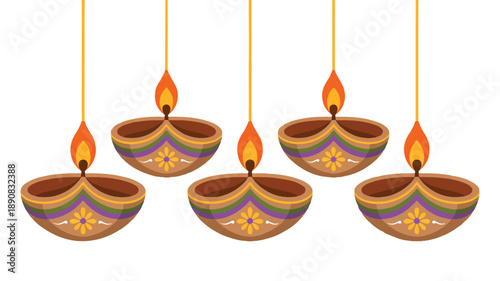 Vibrant vector illustration of five traditional Indian Diwali oil lamps with glowing flames, symbolizing celebration and festivity for the holiday
