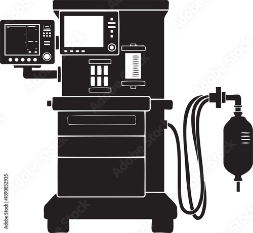 Medical anesthesia machine with monitor and tubing.