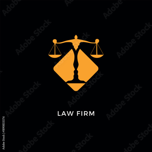 Modern law firm logo design featuring orange scales of justice on black background