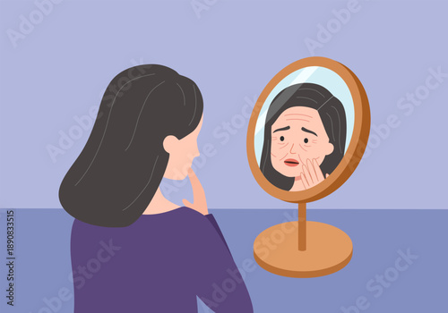 Woman worrying looking her wrinkle face in a mirror. Problem face aging skin.