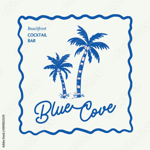 Beachfront cocktail bar blue cove logo design with palm trees and wavy frame