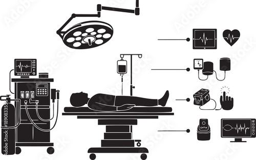 Medical operating room setup with patient and equipment.