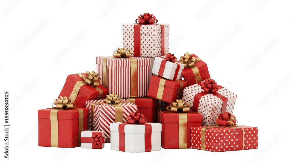 Obraz premium Stack of wrapped Christmas presents wrapped gifts red and white isolated on a transparent background