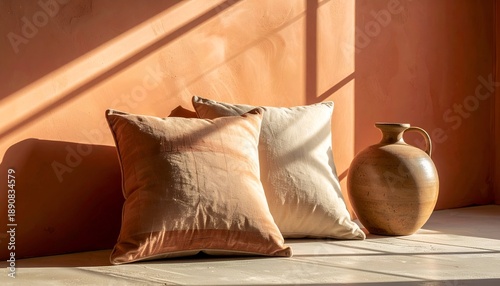 Two pillows and a jug bask in warm sunlight against a textured wall