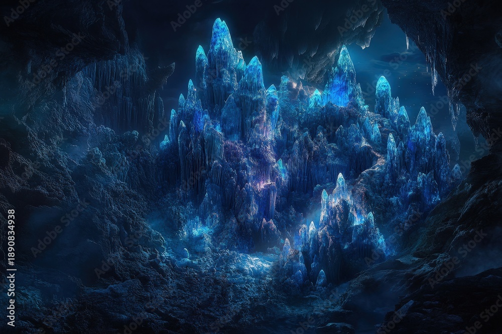 Obraz premium Intricate crystalline structures illuminate a dark cavern.