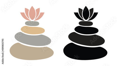 Zen Spa Balance Logo -Stacked Stone and Lotus Flower Icon for Wellness, Meditation, and Holistic Health Branding