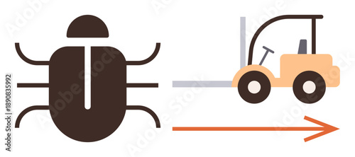 Workflow optimization, logistics management, automation, insect control, manufacturing process, and cargo handling. A bug and forklift with directional arrow. Workflow and logistics management