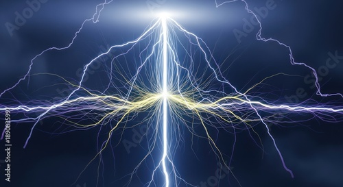 Dramatic electrical lightning storm with bright blue and white streaks on dark background