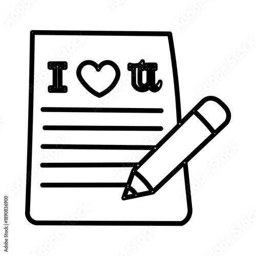 A simple black and white line drawing of a piece of paper with the words "I Love You" written on it, next to a pencil.