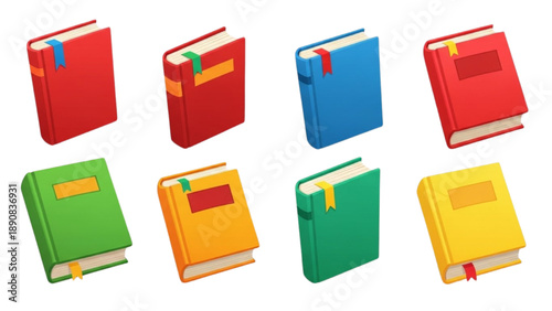 Collection of colorful cartoon-style closed books with bookmarks, representing knowledge and education