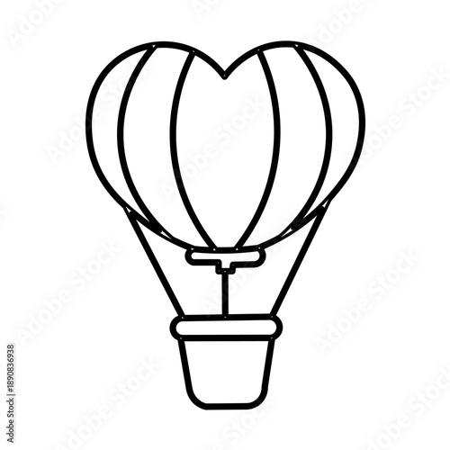 A simple black and white line drawing of a heart-shaped hot air balloon with a basket.