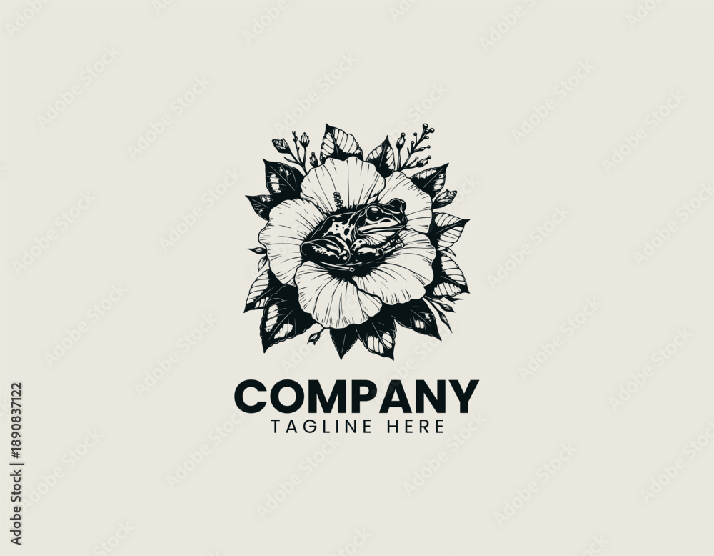 Fototapeta premium Frog illustration resting inside hibiscus flower presents calm botanical tattoo style artwork