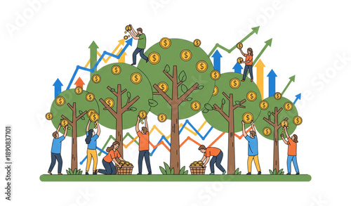 Business growth and wealth money tree concept vector illustration isolated on transparent background