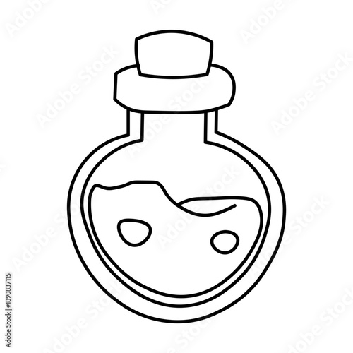 A simple black and white line drawing of a potion bottle with a cork stopper and liquid inside.