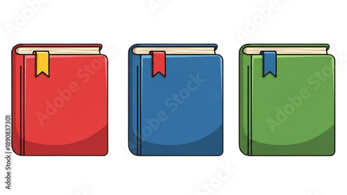 Stylized cartoon books in red, blue, and green with protruding bookmarks, perfect for various educational themes