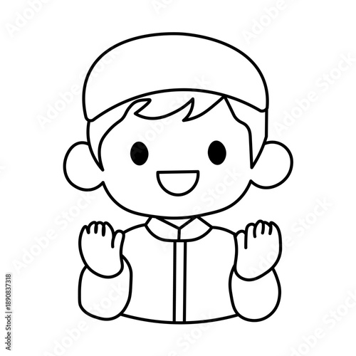 A simple, charming black and white illustration of a young boy wearing a kufi cap and traditional clothing, with his hands raised in a gesture of joy or prayer.