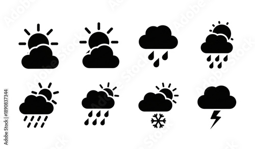 Modern black weather icons collection sun cloud rain snow thunderstorm vector isolated on transparent background