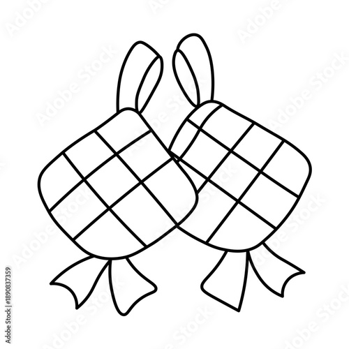 A simple black and white line drawing of two diamond-shaped ketupat, a traditional Malay rice cake, hanging together.