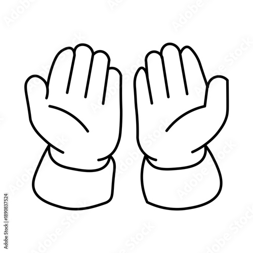 A simple black and white line drawing of a pair of cartoon-style gloves, presented side-by-side.