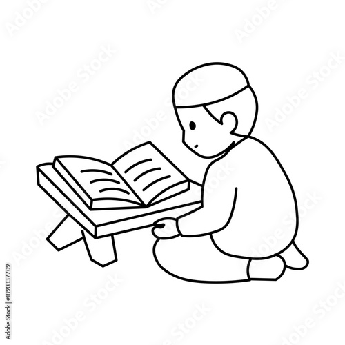A simple line drawing depicts a young Muslim boy wearing a kufi cap, sitting cross-legged and attentively reading from an open book placed on a wooden stand.