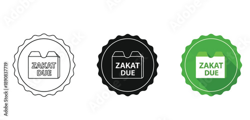 Zakat Due Badges Vector Set in Three Styles — Line Art, Silhouette and Color Version for Islamic Design, App UI, Posters and Branding