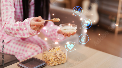 Fotografie Healthy breakfast with granola and milk supports gut health digestion and immuni