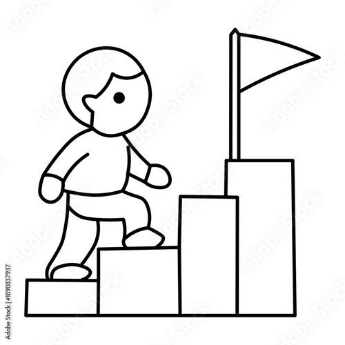 A simple line drawing depicts a stylized person ascending a series of steps towards a flag at the summit, symbolizing achievement and progress.