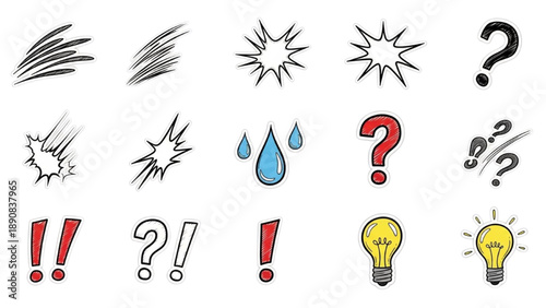 Collection of Comic Book Style Symbols and Icons with Question and Exclamation Marks