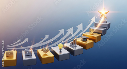 Progressive Growth Illustration with Rising Blocks and Shining Star Symbolizing Success and Achievement in a Gradual Manner